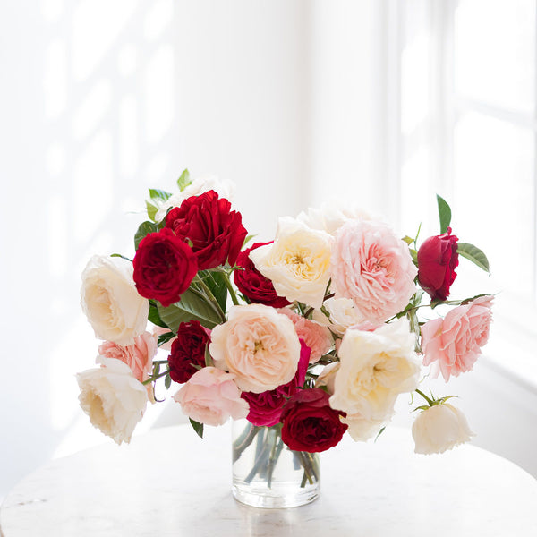 red white and cream rose bouquet